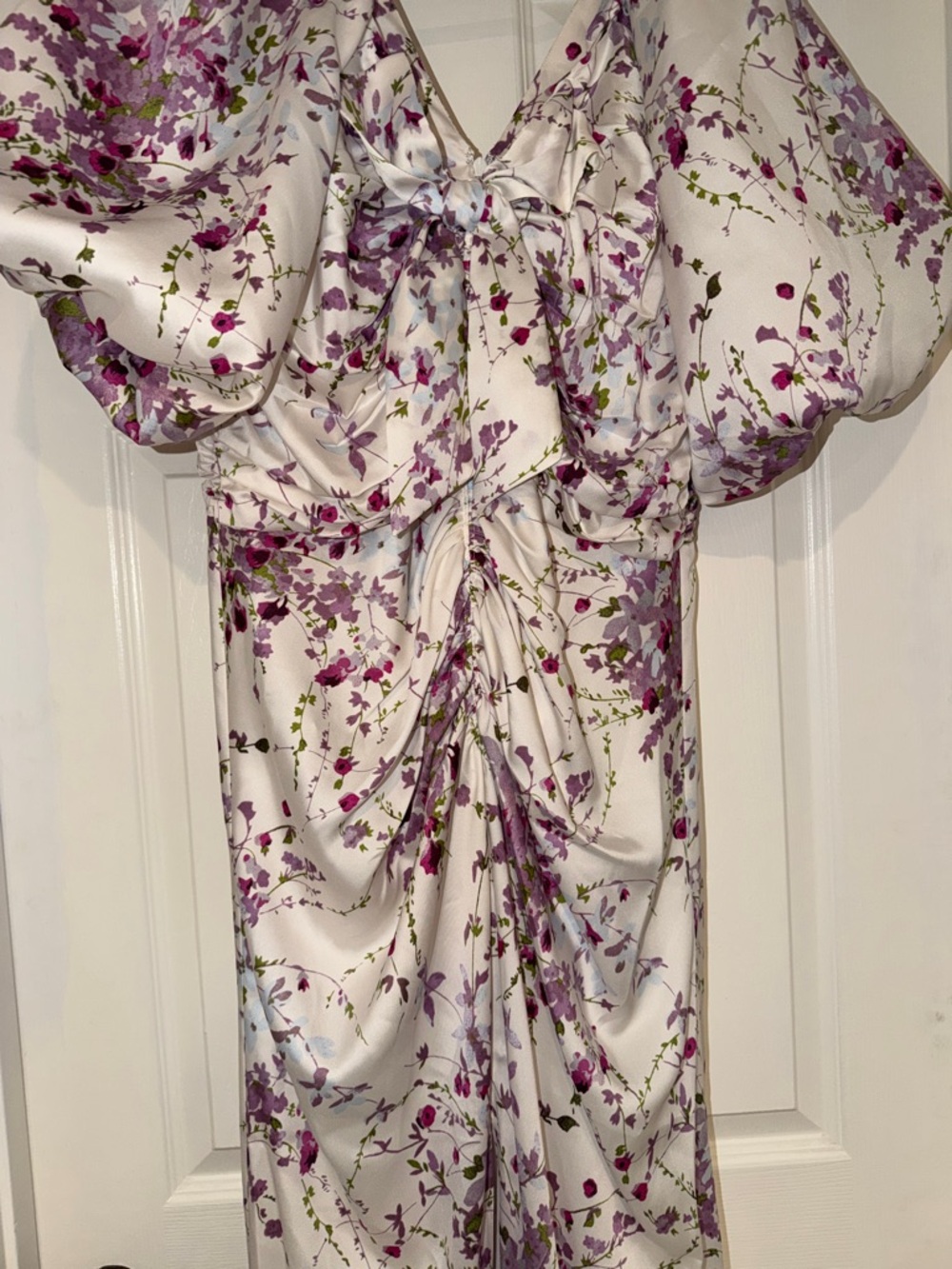 CINQ a SEPT Floral Tie-Front Satin Slip Dress - White/Pink